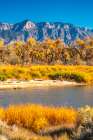 USA, New Mexico. Rio Grande River and Sandia Mountains in autumn. Art Print